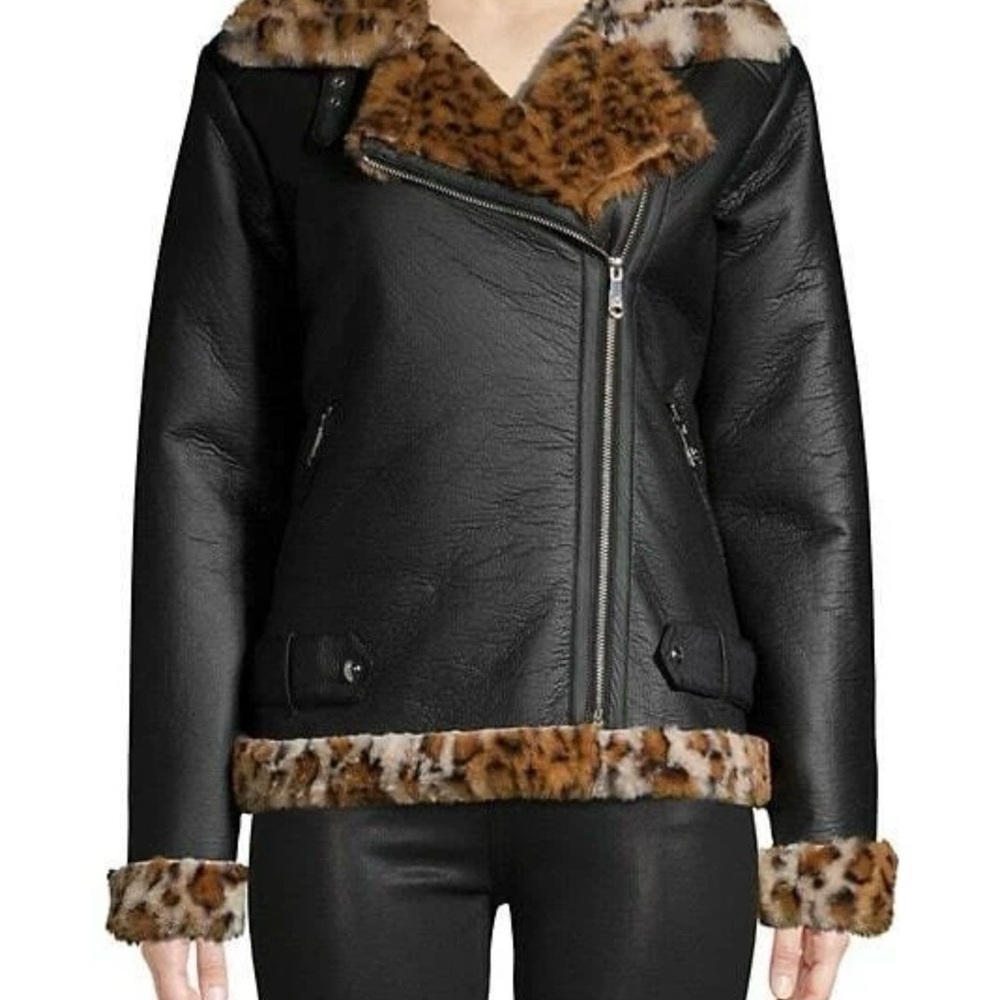 NWOT Sam Edelman Black Faux Fur Leather Leopard Trim Jacket Women’s Small